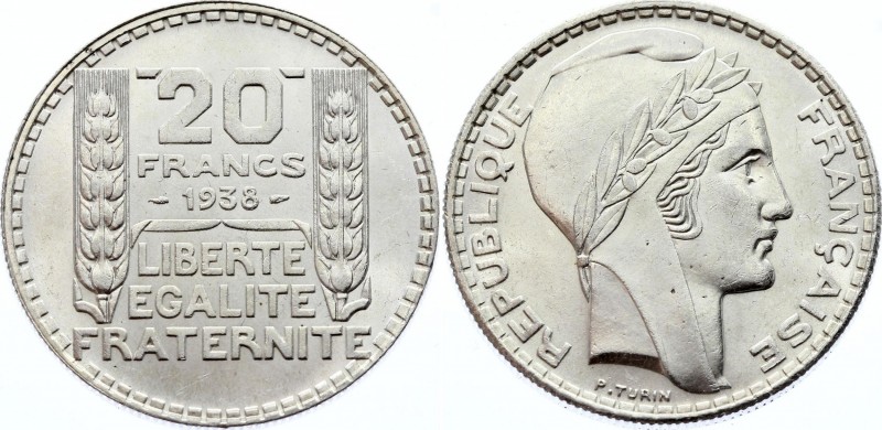 France 20 Francs 1938 
KM# 879; Silver; AUNC