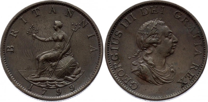 Great Britain 1/2 Penny 1799 
KM# 647; Copper; XF-AUNC