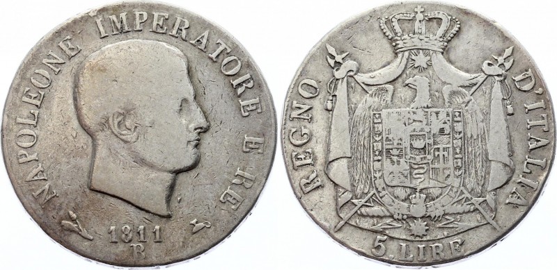 Italian States Kingdom of Napoleon 5 Lire 1811 B
KM# 10.3; Silver