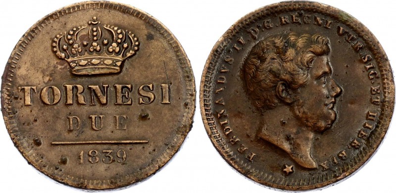 Italian States Kingdom of the Two Sicilies 2 Tornesi 1839
KM# 327; Copper; Ferd...