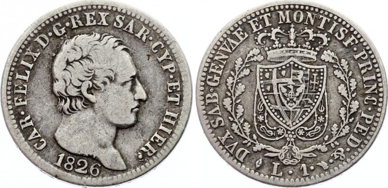 Italian States Sardinia 1 Lira 1826 AL/L
KM# 121.1; Silver