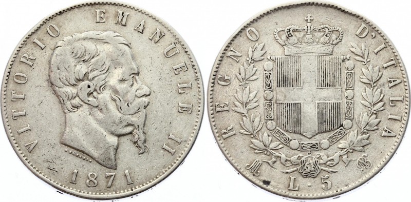 Italy 5 Lire 1871 MBN
KM# 8.3; Silver; Vittorio Emanuele II