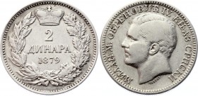 Serbia 2 Dinara 1879 
KM# 11; Silver; Milan Obrenović IV; VF+/XF-