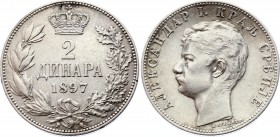 Serbia 2 Dinara 1897 
KM# 22; Silver; Aleksandar I; XF+/AUNC-