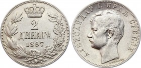Serbia 2 Dinara 1897 
KM# 22; Silver; Aleksandar I; XF+