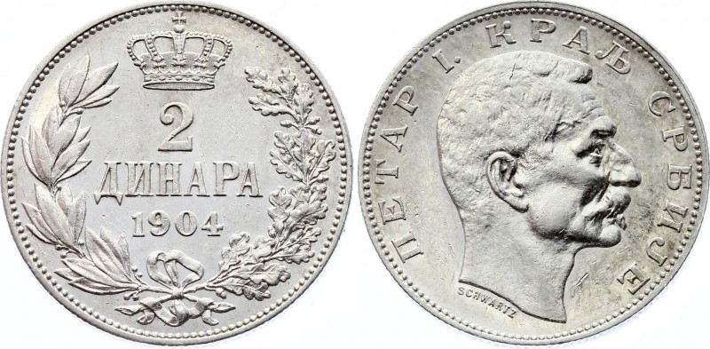 Serbia 2 Dinara 1904 
KM# 26; Silver; Petar I