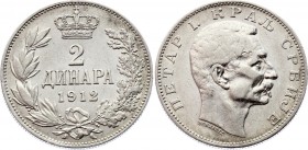 Serbia 2 Dinara 1912 
KM# 26; Silver; Petar I; XF