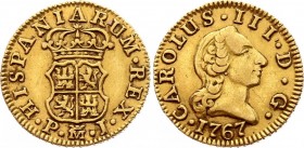 Spain 1/2 Escudo 1767 MPJ
KM# 389.1; Gold (.917) 1.75g; Carlos III