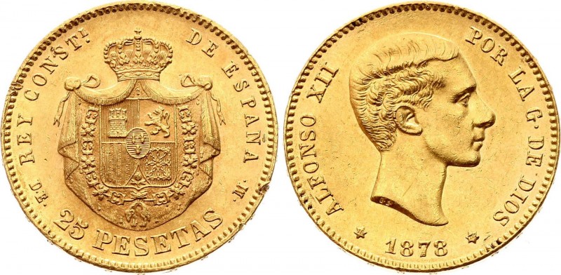 Spain 25 Pesetas 1878 (78)
KM# 673, Cal# 1; Alfonso XII. Gold (.900), 8.06g. AU...