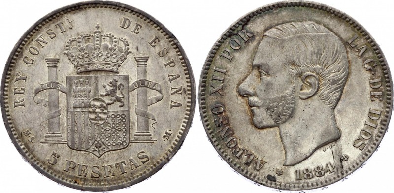 Spain 5 Pesetas 1884 (84) MSM
KM# 688; Silver; Alfonso XII; XF+/AUNC Amazing To...