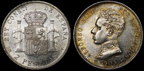 Spain 2 Pesetas 1905 (05) SM-V
KM# 725; Silver 10.04; Mint Luster; UNC