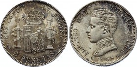 Spain 2 Pesetas 1905 SMV
KM# 725; Silver; Alfonso XIII