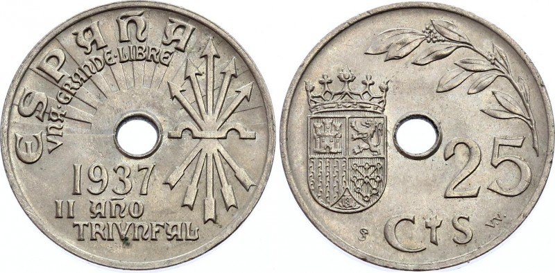 Spain 25 Sentimos 1937 
KM# 753; Copper-Nickel; AUNC