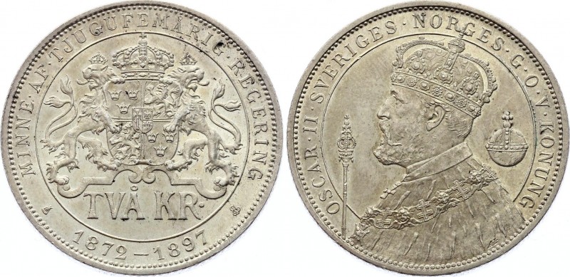 Sweden 2 Kronor 1897 
KM# 762; Silver; 25th Anniversary of the Reign of King Os...