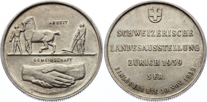 Switzerland 5 Francs 1939 HF
KM# 43; Silver; Zurich Exposition; Mintage 60.000P...