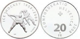 Switzerland 20 Francs 2008 
KM# 127; Silver Proof; 100th Anniversary of Swiss Ice Hockey; Mintage 7,000; With Original Box & Certificate
