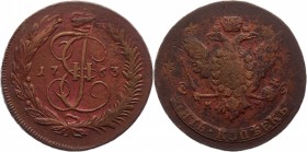 Russia 5 Kopeks 1763 ММ
Bit# 521; 0,75 Rouble Petrov; Copper 49,93g.; AUNC; Netted edge; Overstrike of 10 kopeks 1762; Attractive natural patina and ...