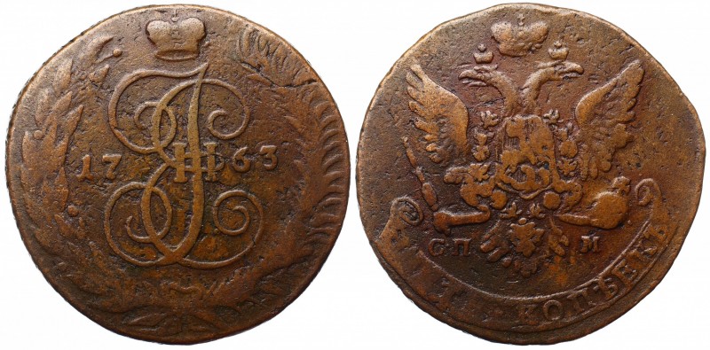 Russia 5 Kopeks 1763 СПМ
Bit# 564; Copper 53.94g; Petrov-0.5 Rouble