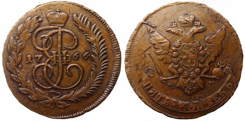 Russia 5 Kopeks 1766 MM
Bit# 524; Copper 48.61g; Petrov-2 Roubles