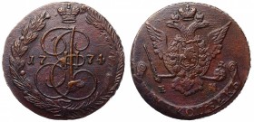 Russia 5 Kopeks 1774 EM
Bit# 623a; Copper 59.27g; Eagle 1770-1777