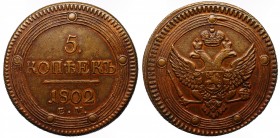 Russia 5 Kopeks 1802 EM
Bit# 283; Copper 57.56g;