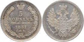 Russia 5 Kopeks 1851 СПБ ПА
Bit# 409; Silver 1,0g.; Proof