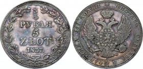 Russia - Poland 3/4 Rouble - 5 Zlotych 1837 MW
Bit# 1143, Narrow eagle tale. Warsaw mint. Silver, Rare.