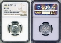 Russia 25 Kopeks 1900 NGC MS63
Bit# 98 (R); Silver, UNC. Very rare in this grade.