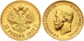 Russia 10 Roubles 1903 AP
Bit# 11; Gold (.900) 8.6g, UNC.