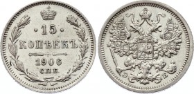 Russia 15 Kopeks 1906 СПБ ЭБ
Bit# 132; Silver 2.74g