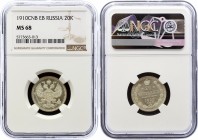 Russia 20 Kopeks 1910 СПБ ЭБ NGC MS68 Top Grade!
Bit# 110; Silver, UNC. Extremely difficult to find coin of this period in this quality. Top grade fo...