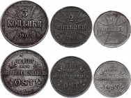 Russia 1-2-3 Kopeks 1916 OST
KM# 21 - 23; World War I - German Occupation Military Coinage; OST; 1 2 3 Kopeks 1916 J