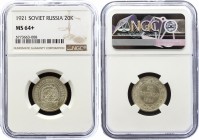 Russia - USSR 20 Kopeks 1921 NGC MS64+
Y# 82; Silver, UNC. Rare coin in this quality.