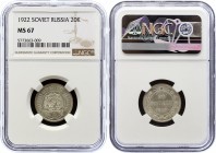 Russia - USSR 20 Kopeks 1922 NGC MS67
Y# 82; Silver, UNC. Rare coin in this quality.