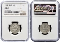 Russia - USSR 20 Kopeks 1928 NGC MS65
Fedorin# 14; Silver, UNC. Rare coin in this quality. NGC MS65.