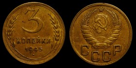 Russia - USSR 3 Kopeks 1945 
Y# 107; Fedorin# 82; Al-Br; XF/aUNC
