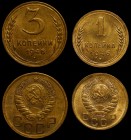 Russia - USSR Lot of 2 Coins 1 3 Kopeks 1946 
Y# 105,107; Al-Br; aUNC/UNC