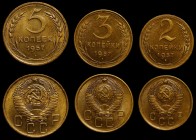 Russia - USSR Lot of 3 Coins 2 3 5 Kopeks 1957 
Y# 120-122; Al-Br; aUNC/UNC