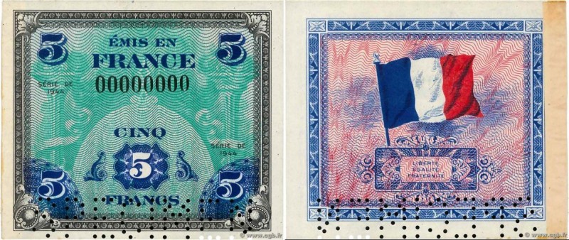 Country : FRANCE 
Face Value : 5 Francs DRAPEAU Spécimen 
Date : 1944 
Period...