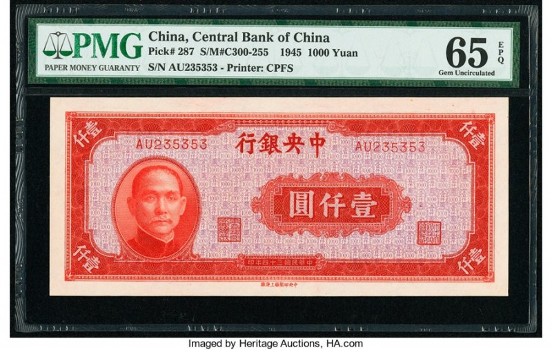China Central Bank of China 1000 Yuan 1945 Pick 287 S/M#C300-255 PMG Gem Uncircu...
