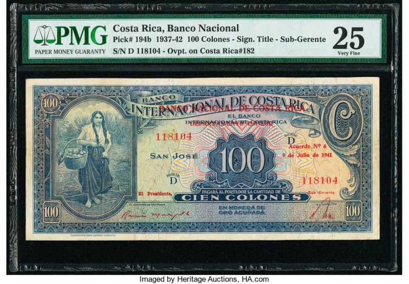 Costa Rica Banco Nacional 100 Colones 9.7.1941 Pick 194b PMG Very Fine 25. Stain...