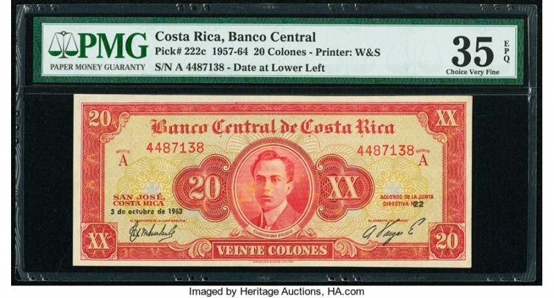 Costa Rica Banco Central de Costa Rica 20 Colones 3.10.1963 Pick 222c PMG Choice...