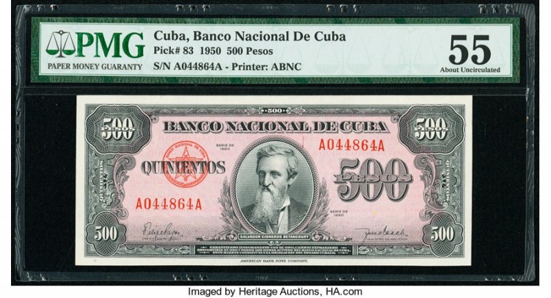 Cuba Banco Nacional de Cuba 500 Pesos 1950 Pick 83 PMG About Uncirculated 55. 

...