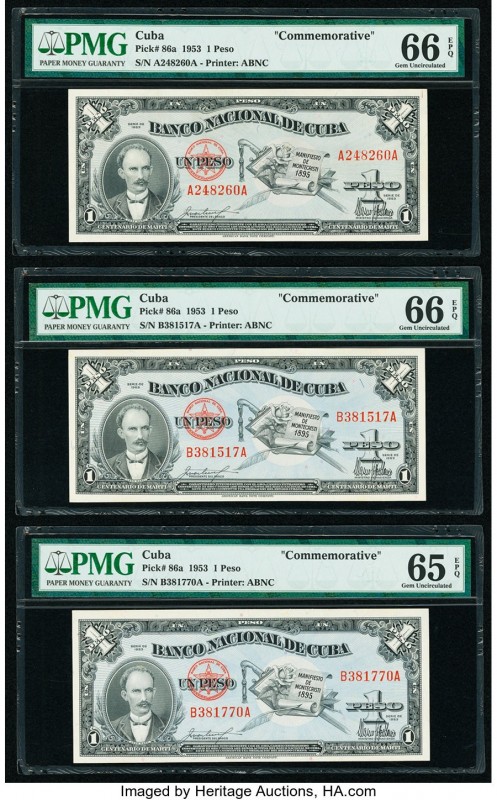 Cuba Banco Nacional de Cuba 1 Peso 1953 Pick 86a Three Commemorative Notes PMG G...
