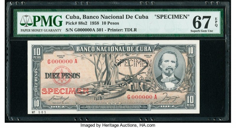 Cuba Banco Nacional de Cuba 10 Pesos 1958 Pick 88s2 Specimen PMG Superb Gem Unc ...