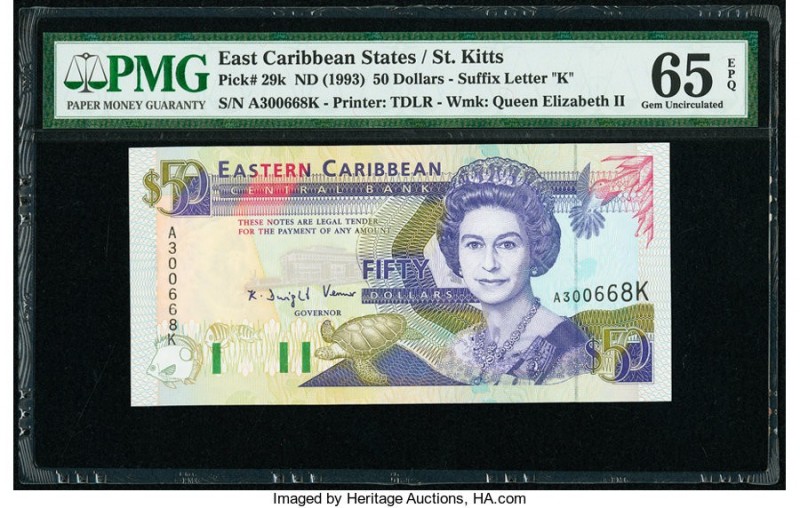 East Caribbean States Central Bank, St. Kitts 50 Dollars ND (1993) Pick 29k PMG ...
