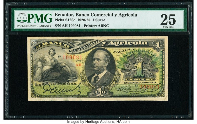 Ecuador Banco Comercial y Agricola 1 Sucre 1.1.1920 Pick S126c PMG Very Fine 25....