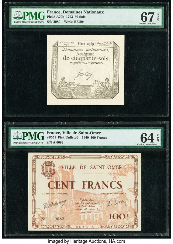 France Domaines Nationaux; Ville de Saint-Omer 50 Sols; 100 Francs 1793; 1940 Pi...