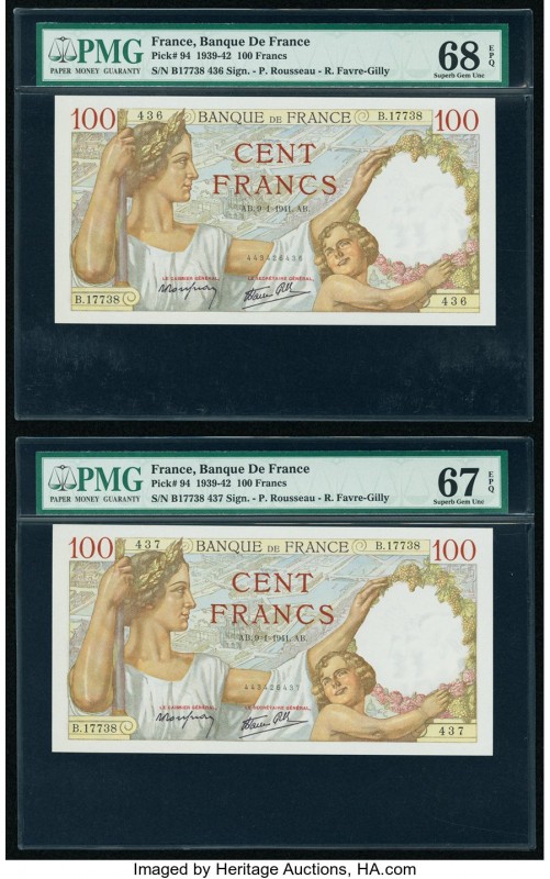 France Banque de France 100 Francs 9.1.1941 Pick 94 Two Consecutive Notes PMG Su...