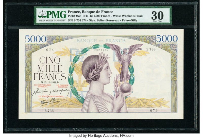 France Banque de France 5000 Francs 13.11.1941 Pick 97c PMG Very Fine 30. Tear, ...
